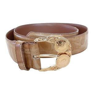 Vintage 80s Reptile Croco Belt Carmel Genuine Leather Gold Coin Buckle Sz L